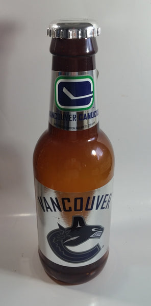 NHL Ice Hockey Vancouver Canucks 14" Tall Large Brown Plastic Bottle Shaped Coin Bank Sports Collectible Chrome Labels and Cap