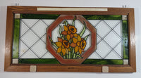 Open Windows Salido, California Green Border Red Octagon around Orange Flowers Stained Glass Wood Framed Window 11" x 22"