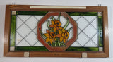 Open Windows Salido, California Green Border Red Octagon around Orange Flowers Stained Glass Wood Framed Window 11" x 22"