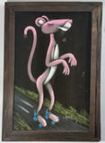 Vintage Signed Mexican Artwork The Pink Panther Rollerskating Original Painting on Black Velvet in Dark Light Weight Wood Frame - Castillo Jr