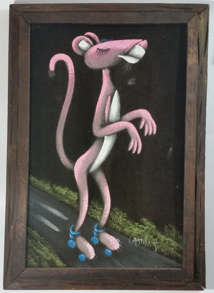 Vintage Signed Mexican Artwork The Pink Panther Rollerskating Original Painting on Black Velvet in Dark Light Weight Wood Frame - Castillo Jr