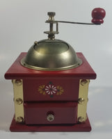 Red Hand Painted Flower Themed Brass and Wood Coffee Grinder Mill