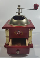 Red Hand Painted Flower Themed Brass and Wood Coffee Grinder Mill