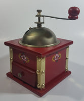 Red Hand Painted Flower Themed Brass and Wood Coffee Grinder Mill