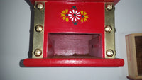 Red Hand Painted Flower Themed Brass and Wood Coffee Grinder Mill