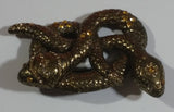 Vintage Art Deco Intertwined Twisted Snakes Brass Metal Brooch Pin with Orange Amber Topaz Style Rhinestones