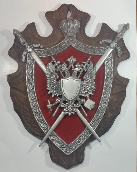 Vintage Cast Metal On Red Velvet and Wood 19" x 26" Medieval Coat of Arms Shield with Sword Wall Decor Piece