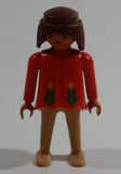 Vintage 1974 Geobra Playmobil Brown Haired Native American Indian Girl Tan Bottoms Orange Top 3" Tall Toy Figure