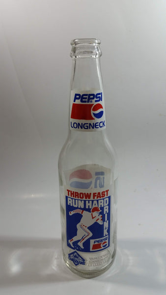 Rare Hard To Find Vintage Pepsi Cola Long Neck "Throw Fast Run Hard Drink Pepsi" Vancouver Canadians Baseball Team 355mL Clear Glass Bottle