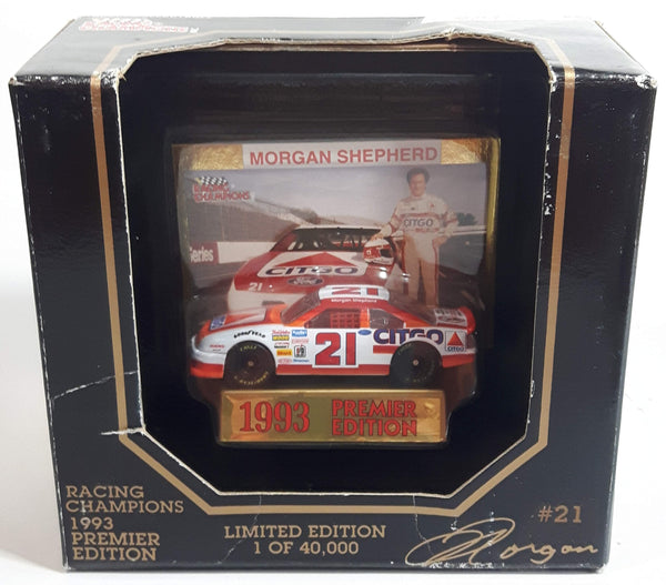 1993 Racing Champions Premier Edition NASCAR #21 Morgan Shepherd Citgo Ford Thunderbird White and Orange Die Cast Race Car Vehicle - New in Box