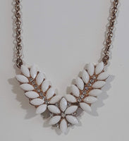 Vintage White Plastic Flower Clear Sparkling Rhinestone Gold Tone 21" Long Necklace