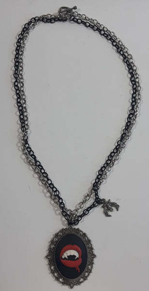 Vampire Mouth and Bat Themed 22" Long Black Double Chain Necklace with Heart and Bar Clasp