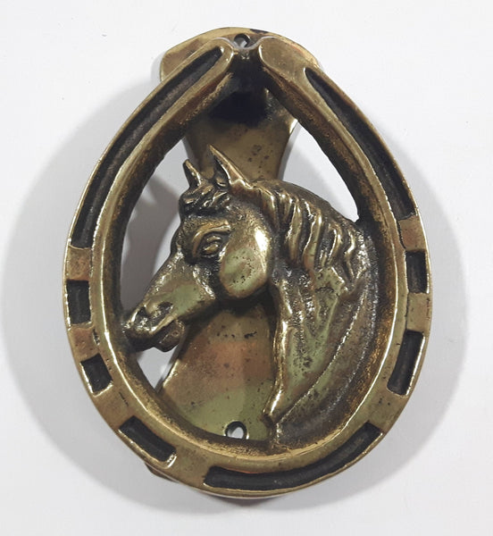 Vintage Horse Head Inside A Horse Shoe Brass Metal Door Knocker Made in England