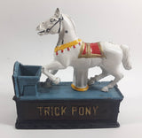 Vintage Trick Pony Horse Blue, White, and Dark Brown Cast Iron Mechanical Coin Bank
