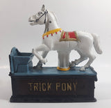 Vintage Trick Pony Horse Blue, White, and Dark Brown Cast Iron Mechanical Coin Bank