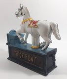 Vintage Trick Pony Horse Blue, White, and Dark Brown Cast Iron Mechanical Coin Bank