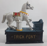Vintage Trick Pony Horse Blue, White, and Dark Brown Cast Iron Mechanical Coin Bank