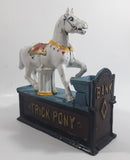 Vintage Trick Pony Horse Blue, White, and Dark Brown Cast Iron Mechanical Coin Bank