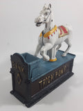 Vintage Trick Pony Horse Blue, White, and Dark Brown Cast Iron Mechanical Coin Bank