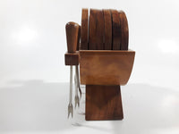 Vintage Wood Appetizer Forks and Coaster Set in Holder