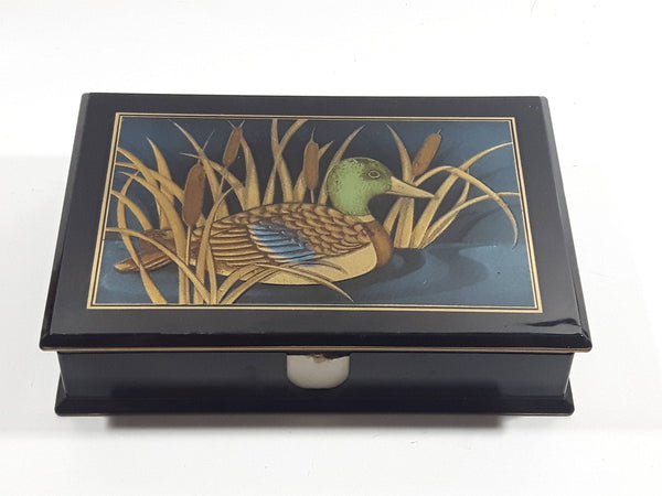 Vintage Otagiri Japan Gibson Greetings Golden Mallard Duck Black Lacquered Wood Keepsake Note Box