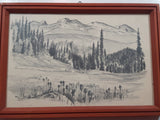 Vintage 1972 February Moutray Pencil Sketch Drawing of Mountains and Valley with Trees Artwork Picture Wood Frame 7 1/2" x 10 3/4"