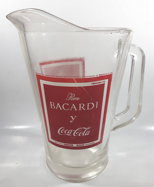 Vintage Ron Bacardi & Coca-Cola 9" Tall Heavy Clear Glass Beverage Pitcher