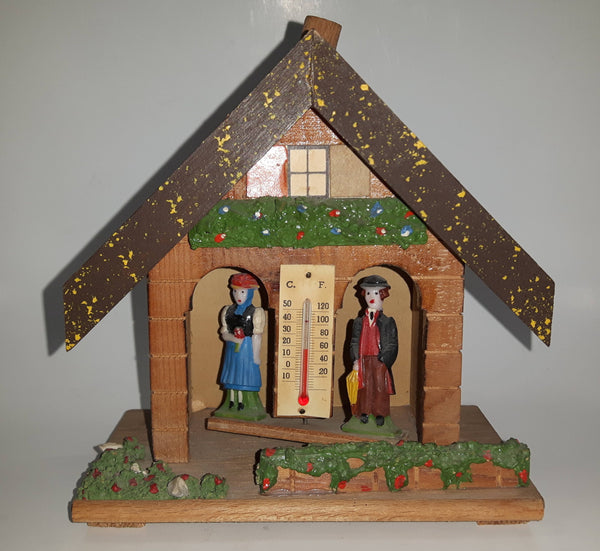 Vintage Western Germany Christmas Themed Black Forest Bavarian House Homestead Shaped Wooden and Plastic Thermometer with Man and Woman 5" Tall