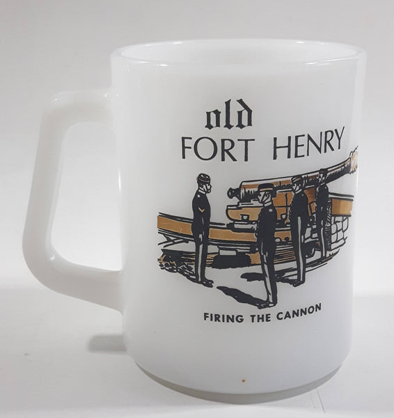 Vintage Federal Old Fort Henry, Kingston, Ontaro Firing The Cannon White Milk Glass Coffee Mug Cup Made in U.S.A. 1813-1891 The Citadel of Upper Canada