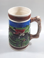 Vintage Horse Jumping Racing Large Embossed Ceramic Pottery Beer Stein 7 3/8" Tall - Cracks