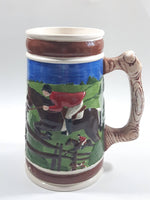 Vintage Horse Jumping Racing Large Embossed Ceramic Pottery Beer Stein 7 3/8" Tall - Cracks