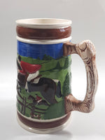 Vintage Horse Jumping Racing Large Embossed Ceramic Pottery Beer Stein 7 3/8" Tall - Cracks