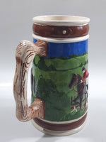 Vintage Horse Jumping Racing Large Embossed Ceramic Pottery Beer Stein 7 3/8" Tall - Cracks