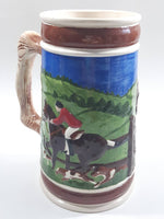 Vintage Horse Jumping Racing Large Embossed Ceramic Pottery Beer Stein 7 3/8" Tall - Cracks