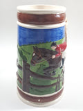 Vintage Horse Jumping Racing Large Embossed Ceramic Pottery Beer Stein 7 3/8" Tall - Cracks