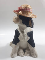 1994 Enesco Kathy Wise Black and White Sitting Calf Cow With Hat 8 1/4" Tall Heavy Resin Sculpture