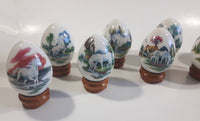 Vintage Unicorn Themed 11 Porcelain Eggs With Wooden Stands + 5 Extra Stands