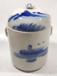 Antique Chinese Blue and White Domed Tea Caddy Ginger Jar Canister with Handles 6 1/2" Tall Ceramic Pottery