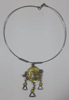 Wire Wrapped Clear and Yellow Art Glass Dangling Yellow Bead Triple Triangles 15" Long