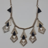 Vintage Art Deco Black Enamel Chevron Rhinestone Gold Tone Metal Necklace 16" Long