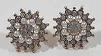 Pearl and Clear Rhinestone Gold Tone 5/8" Diameter Pin Back Earrings