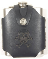 7 oz. Curved Stainless Steel Pocket Flask with Skull and Cross Bones Faux Leather Holder Case