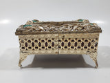 Vintage Green Polished Gemstone and Clear Rhinestone Golden Tone Metal Ornate Travel Bedroom Small Tissue Holder 3" 1/4" x 5"