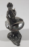 Vintage Male Pixie Fairy Sitting On A Toadstool 3" Tall Pewter Metal Figurine