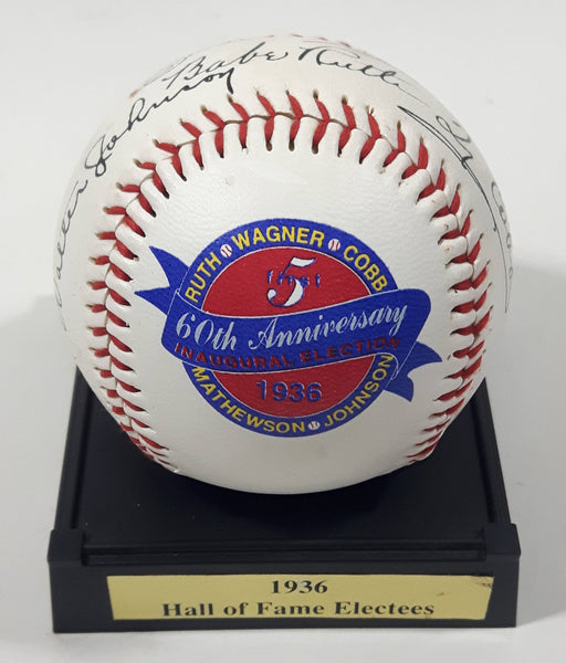 1996 American Legends 1936 First Hall of Fame Election 60th Anniversary Inaugural Election Baseball Ball on Stand Ruth, Wagner, Cobb, Mathewson, Johnson