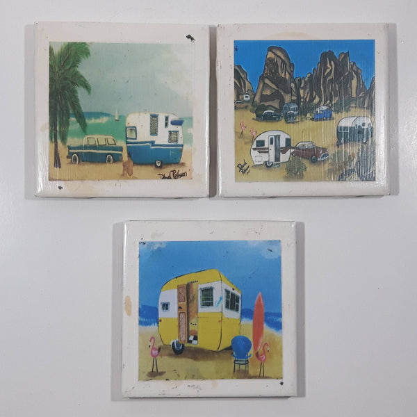 Set of 3 Camper Trailer RV Camping Scenes 4 1/4" x 4 1/4" Ceramic Tile Trivets