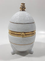 Vintage Bubble Texture Gold Tone Trimmed White 5 1/2" Tall Footed Egg Trinket Box