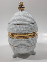 Vintage Bubble Texture Gold Tone Trimmed White 5 1/2" Tall Footed Egg Trinket Box