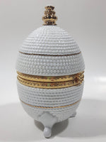 Vintage Bubble Texture Gold Tone Trimmed White 5 1/2" Tall Footed Egg Trinket Box