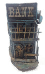 Vintage Abandoned Wild West Boom Town Ghost Town Two Story Bank Building Shaped Metal Coin Bank 8" Tall Made in Hong Kong No Plug